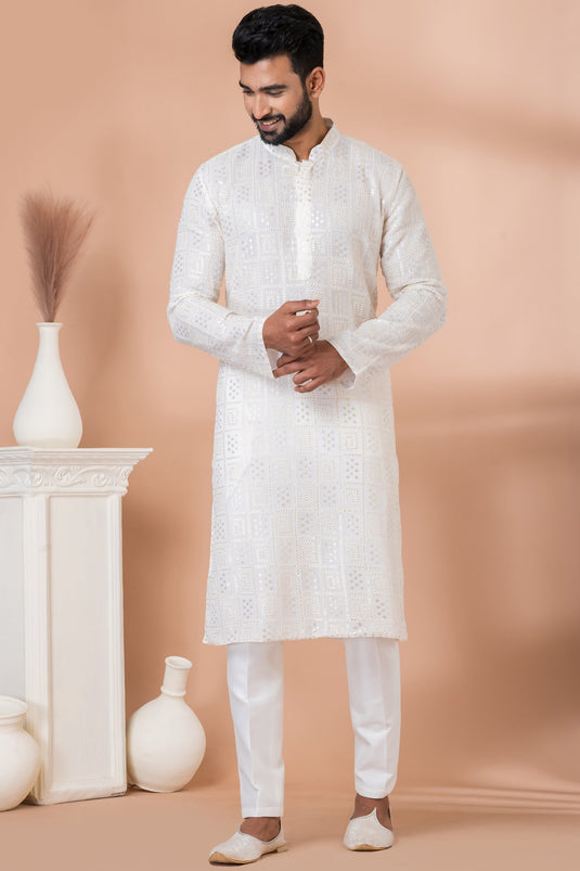 White Color Sequins Embroidery Georgette Fabric Function Wear Fancy Readymade Kurta Pyjama For Men