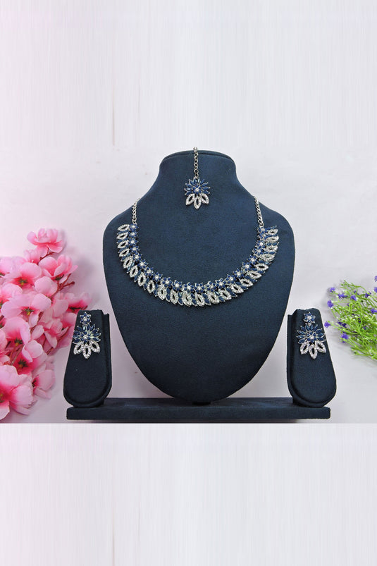 Radiant Navy Blue Color Alloy Material Necklace Set Earrings And Mang Tikka For Women