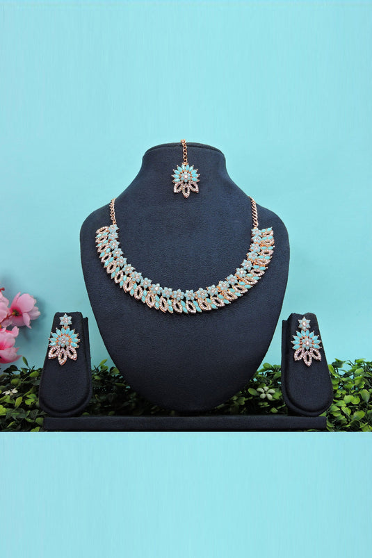 Excellent Alloy Material Cyan Color Necklace Set Earrings And Mang Tikka For Women