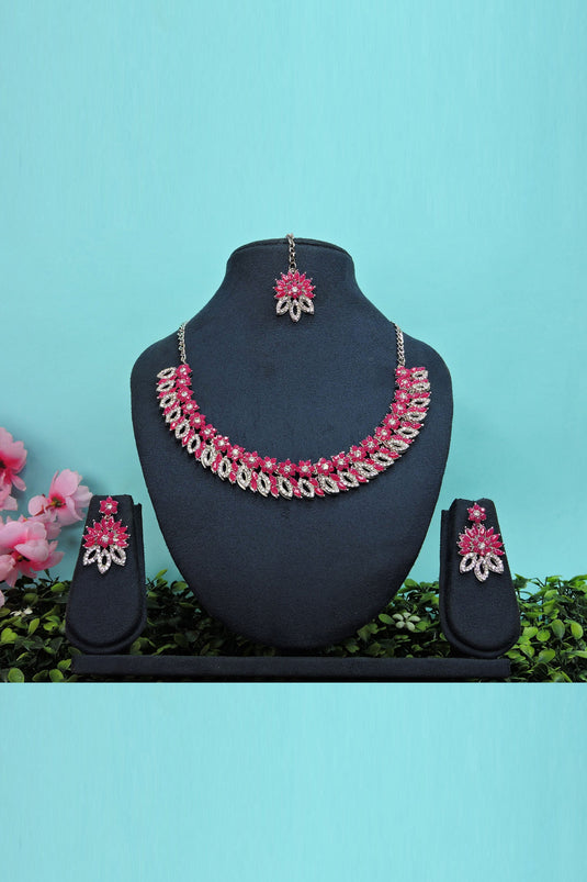 Rani Color Alloy Material Ravishing Necklace Set Earrings And Mang Tikka For Women