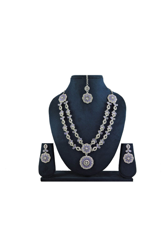 Embellished Lavender Color Alloy Material Necklace Set Earrings And Mang Tikka For Women