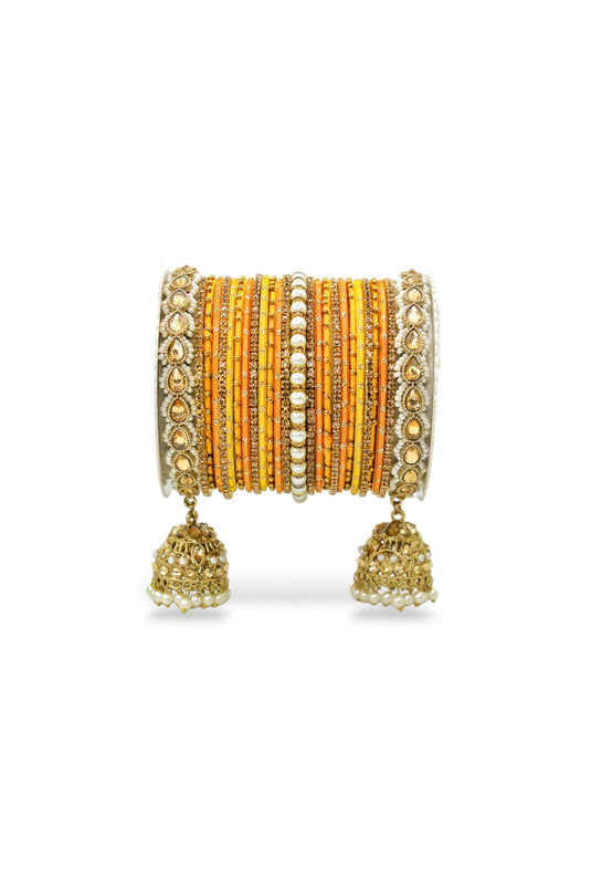 Alloy Material Orange Color Elegant Bridal Jhumki Style Bangle Set For Two Hands