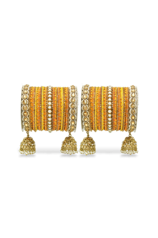 Alloy Material Orange Color Elegant Bridal Jhumki Style Bangle Set For Two Hands