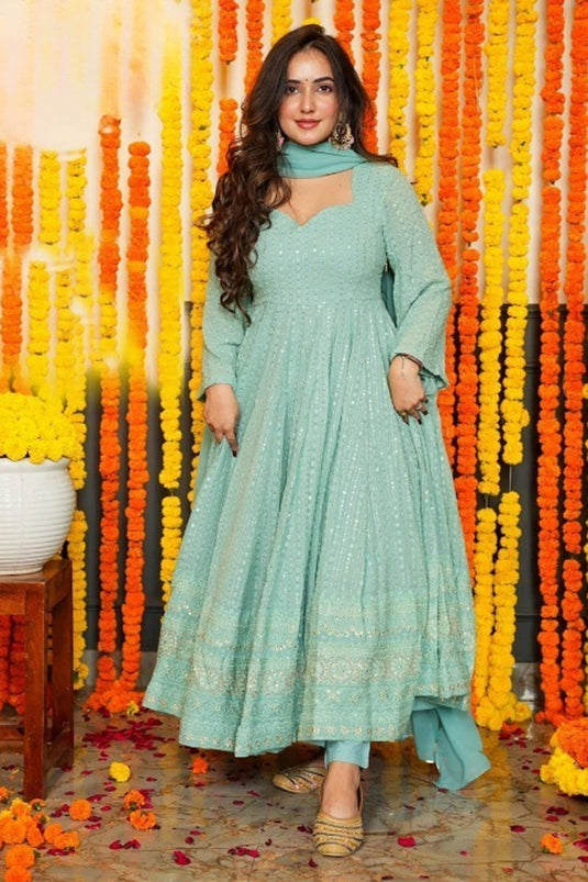 Sea Green Color Splendid Readymade Anarkali Suit In Muslin Fabric