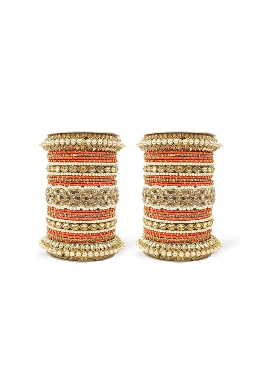 Orange Color Moti And Stone Work Alloy Bangle Set With Pacheli Kada