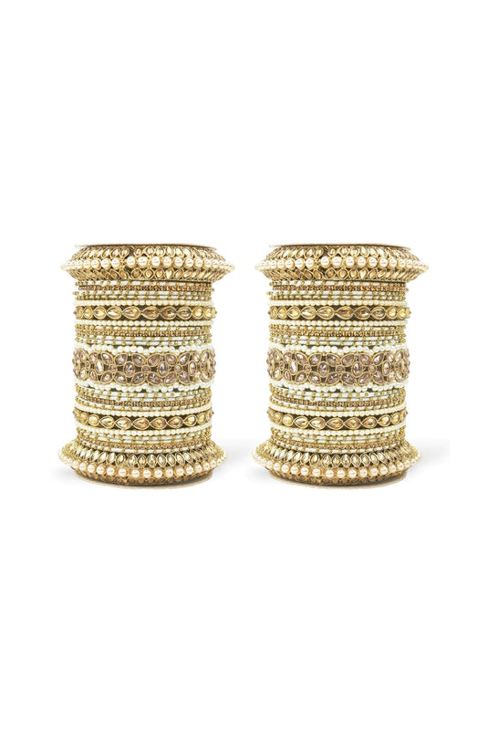 White Color Moti And Stone Work Alloy Bangle Set With Pacheli Kada