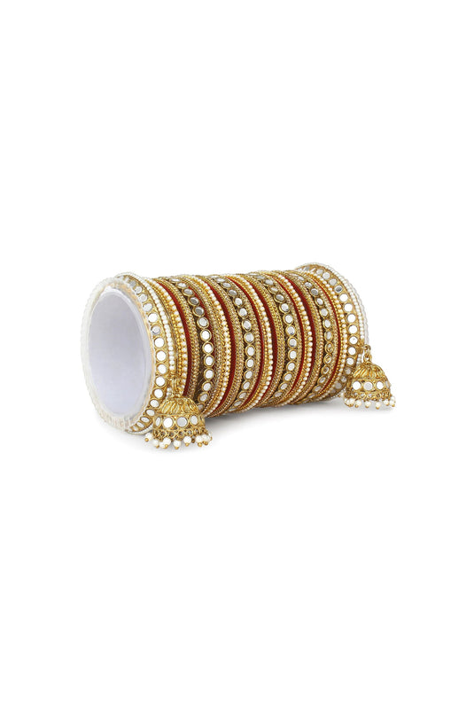 Maroon Color Pleasance Mirror Work Alloy Bangle Set With Jhumki