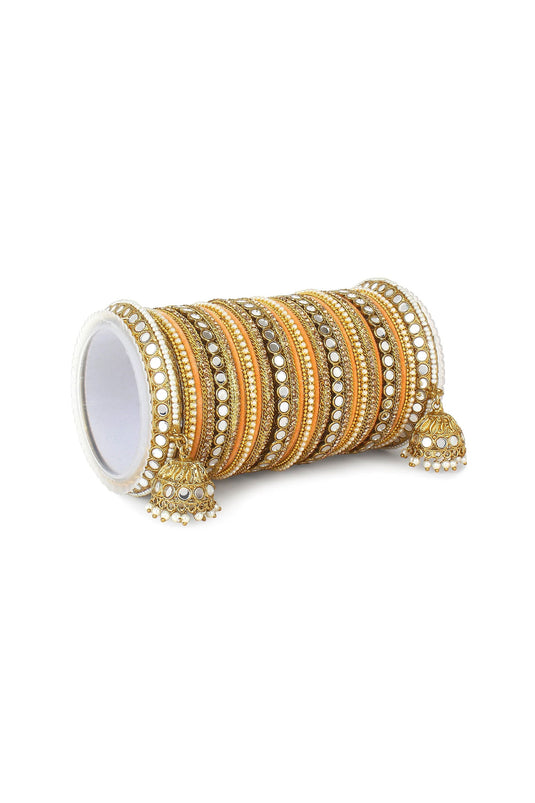 Peach Color Stunning Alloy Mirror Work Bangle Set With Jhumki