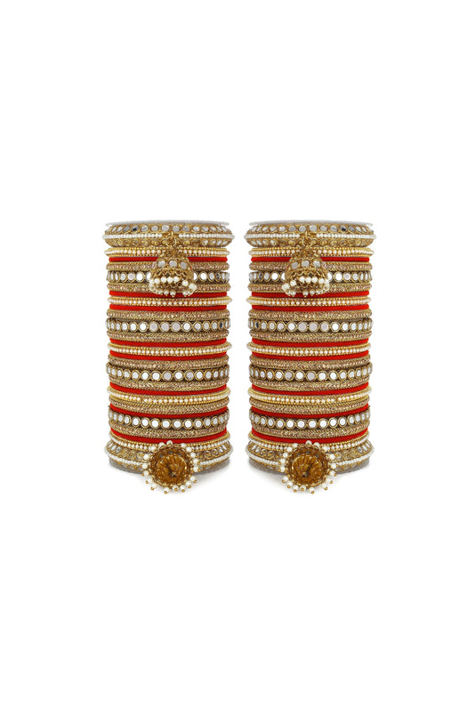 Red Color Winsome Mirror Work Alloy Bangle Set With Jhumki