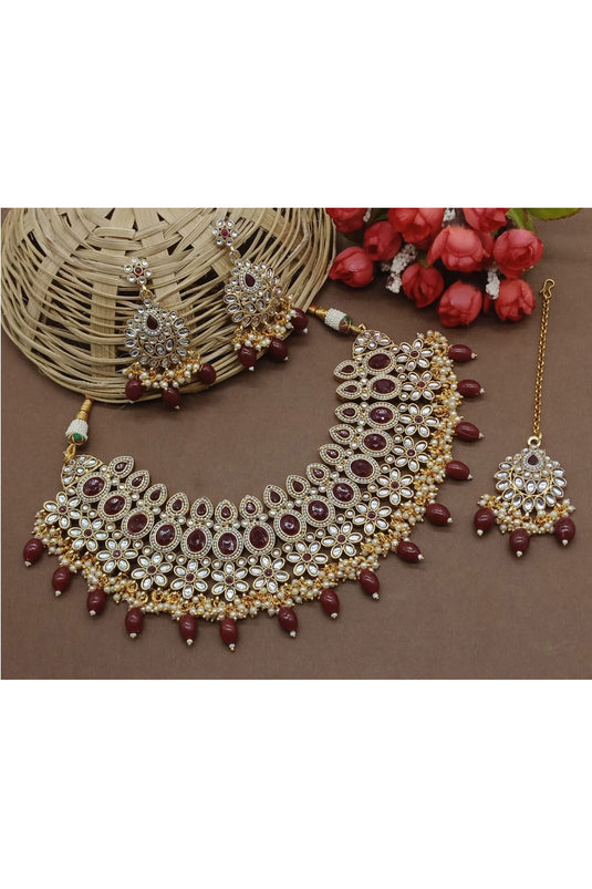 Radiant Red Stone Alloy Material Necklace Set With Earrings And Mang Tikka