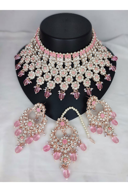 Pink Stone Alloy Material Special Necklace Set With Earrings And Mang Tikka For Girls And Women