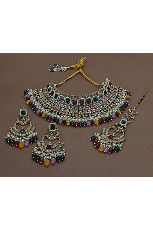 Trendy Alloy Material Multi Color Stone Necklace Set With Earrings And Mang Tikka