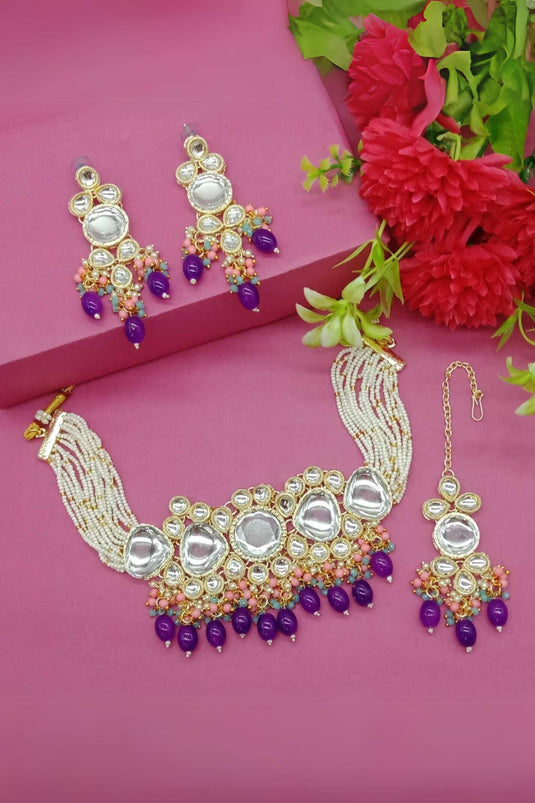 Alloy Material Purple Color Stylish Look Necklace Set Earrings And Mang Tikka For Women