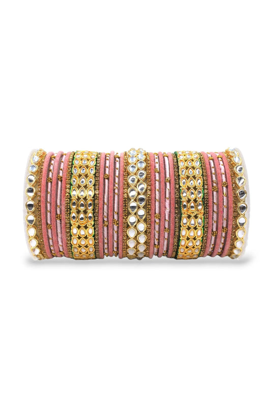 Riveting Bangle Set With Kundan Kada In Pink Color