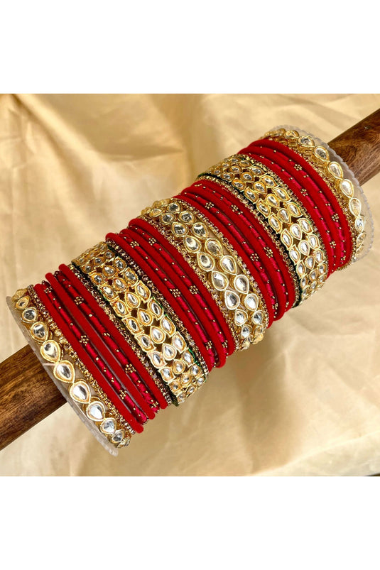 Red Color Engaging Bangle Set With Kundan Kada