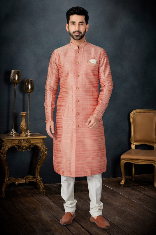 Slub Jacquard Rust Color Wedding Wear Readymade Indo Western Suit For Men