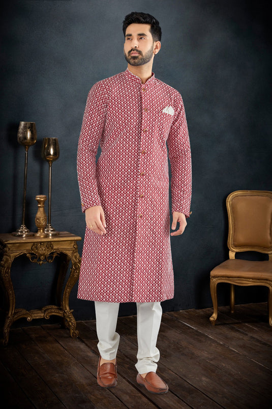 Lucknowi Fabric Maroon Color Festive Wear Trendy Readymade Men Indo Western Suit