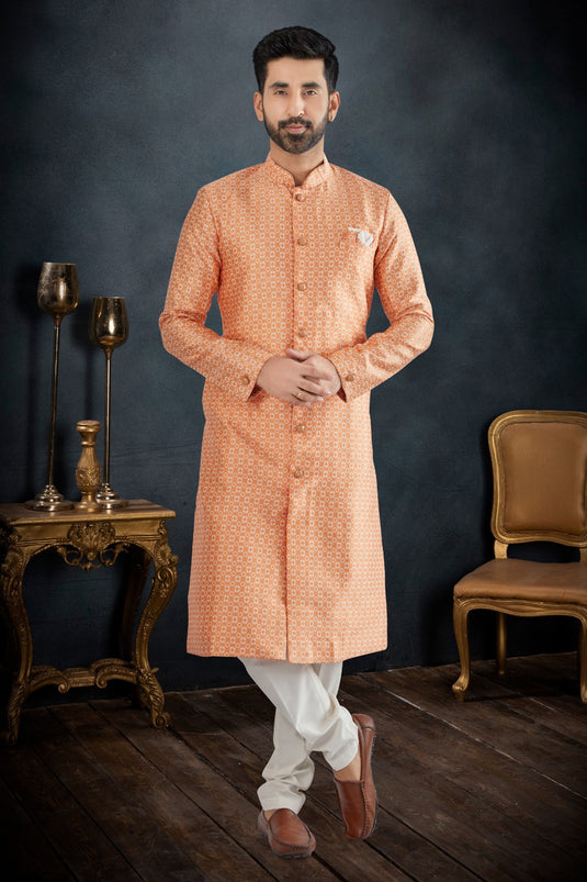 Peach Color Wedding Wear Banarasi Jacquard Fabric Designer Readymade Indo Western Suit For Men