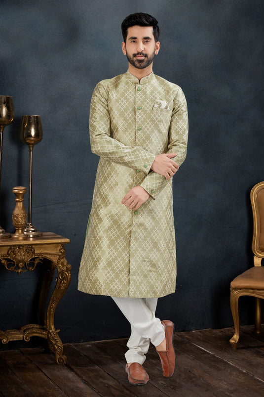 Appealing Sea Green Color Banarasi Jacquard Fabric Wedding Wear Readymade Indo Western Suit For Men