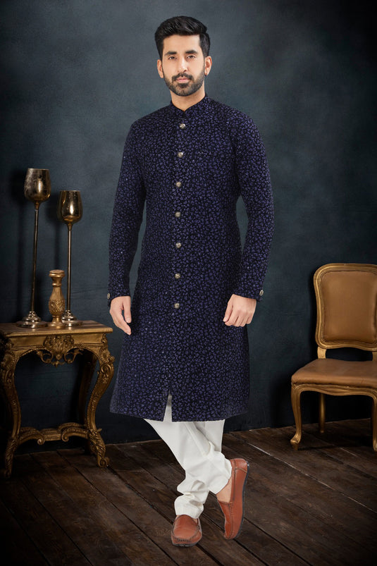 Navy Blue Color Velvet Fabric Festive Wear Captivating Readymade Indo Western Suit For Men