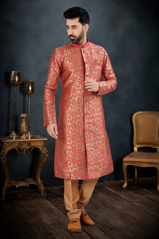 Fetching Pink Banarasi Jacquard Fabric Wedding Wear Readymade Indo Western Suit For Men