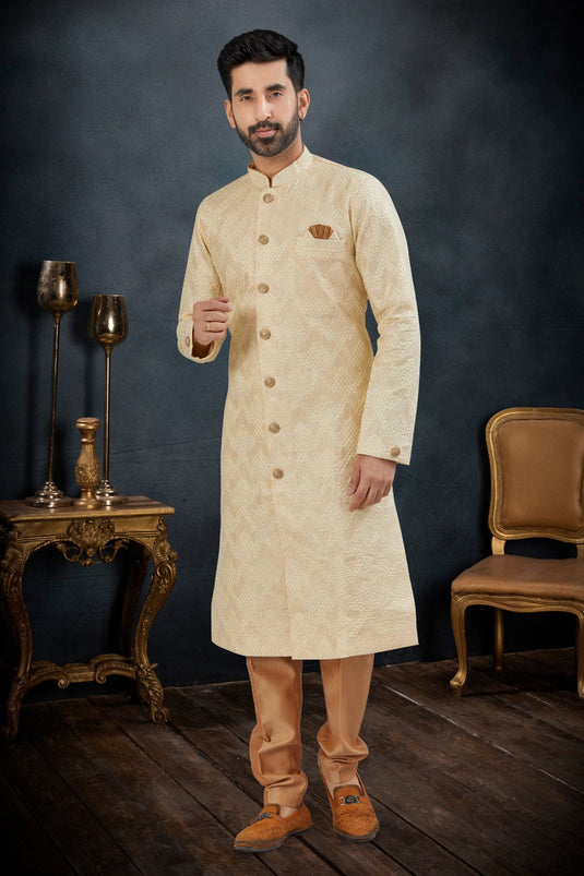 Beige Color Gorgeous Lucknowi Wedding Wear Readymade Indo Western Suit For Men