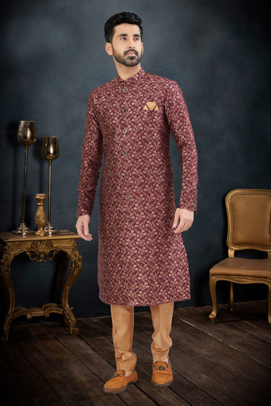 Banarasi Jacquard Wine Color Wedding Wear Pretty Readymade Indo Western Suit For Men