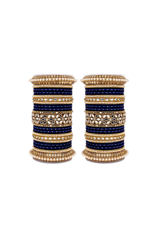 Alloy Material Navy Blue Color Phenomenal Bridal Bangle Set With Flower Mirror Kada