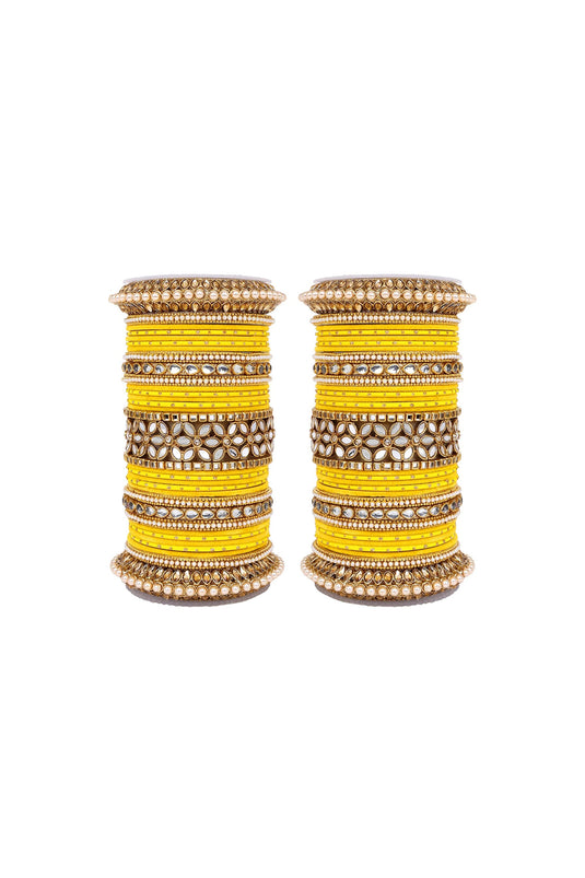 Alloy Material Wondrous Bridal Bangle Set With Flower Mirror Kada In Yellow Color