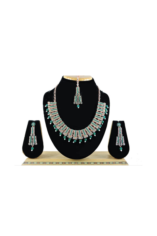 Radiant Green Color Alloy Material Necklace Set Earrings And Mang Tikka For Women