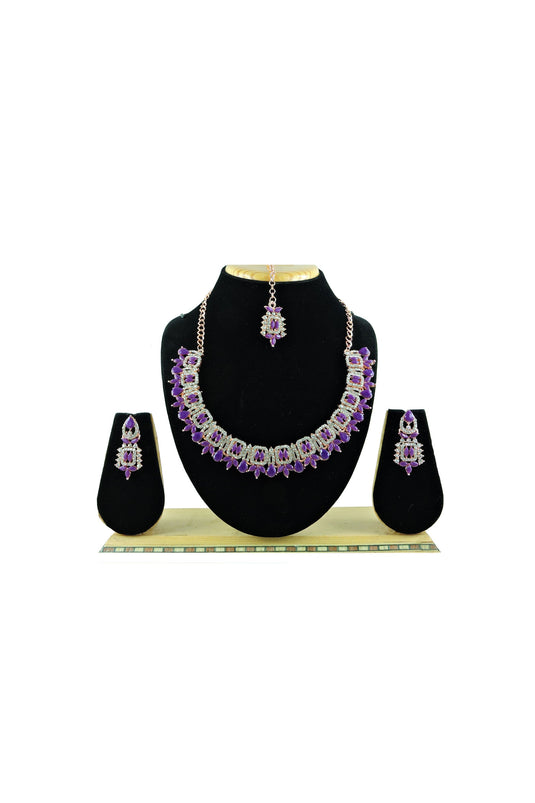 Alloy Material Purple Color Party Wear Beautiful Necklace Set Earrings And Mang Tikka For Women