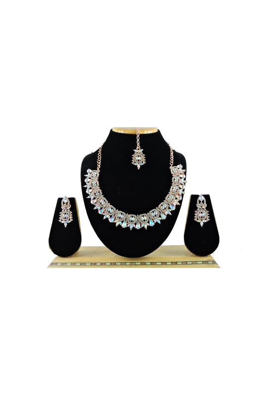 Engaging Silver Color Alloy Material Necklace Set Earrings And Mang Tikka For Women