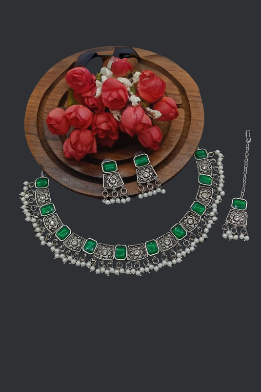 Green Color Pleasance Oxidised Material Necklace With Earrings and Mang Tikka