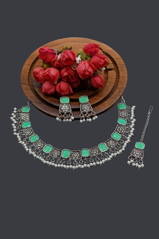 Sea Green Color Coveted Oxidised Material Necklace With Earrings and Mang Tikka