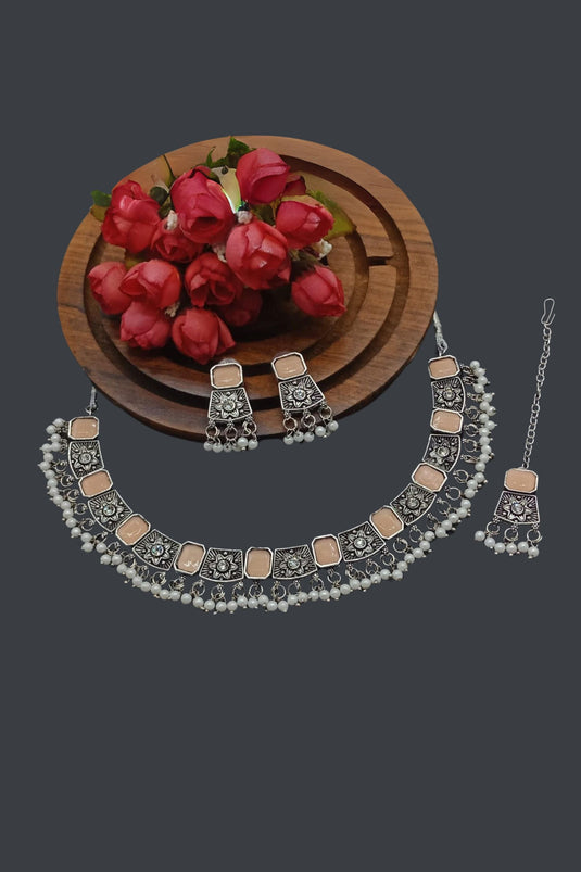 Peach Color Excellent Oxidised Material Necklace With Earrings and Mang Tikka