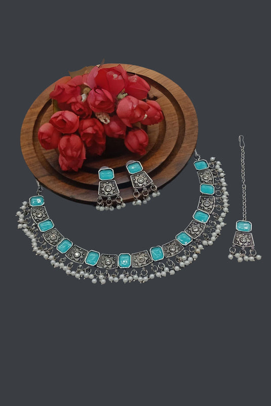 Creative Sky Blue Color Oxidised Material Necklace With Earrings and Mang Tikka