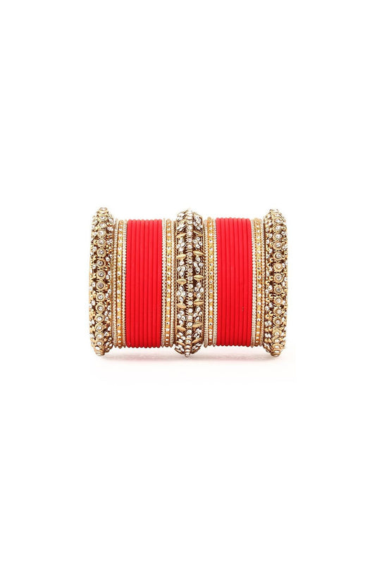 Vibrant Red Color Alloy Material Bridal Matte Textured Bangle Set