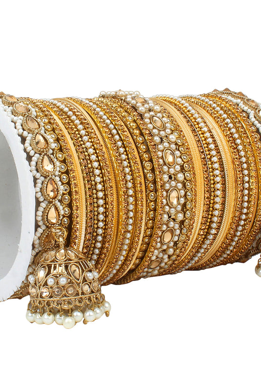 Golden Color Alloy Material Function Special Bangle Set With Kundan Jhumki