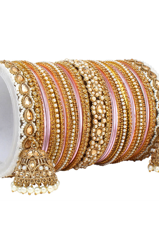 Elegant Function Special Pink Color Alloy Material Bangle Set With Kundan Jhumki