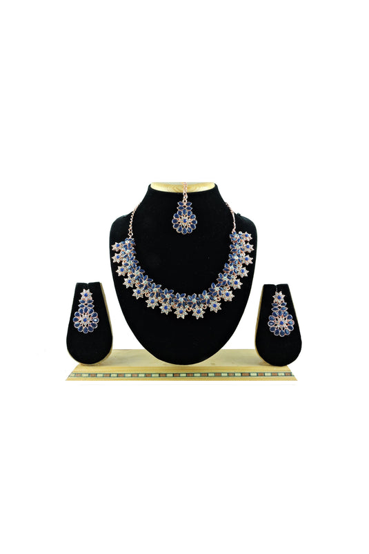 Alloy Material Navy Blue Color Beatific Necklace With Earrings and Mang Tikka