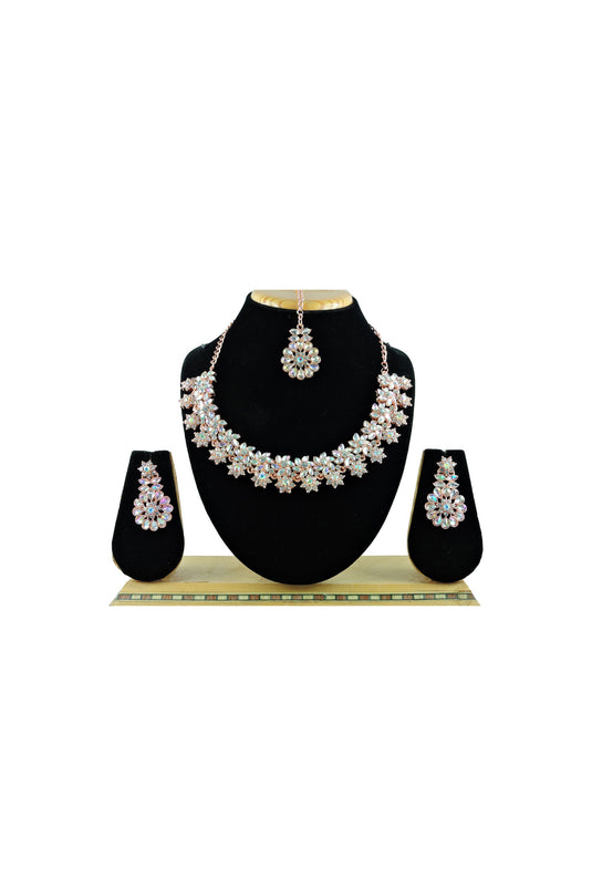 Silver Color Alloy Material Glamorous Look Necklace With Earrings and Mang Tikka