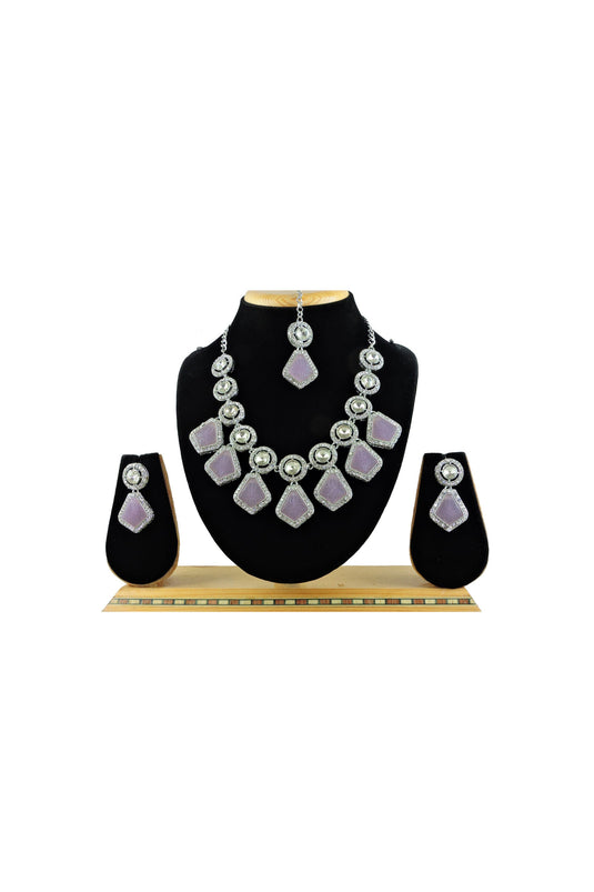 Alloy Material Lavender Color Pleasance Necklace With Earrings And Mang Tikka