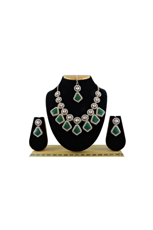 Alloy Material Dark Green Color Riveting Necklace With Earrings And Mang Tikka