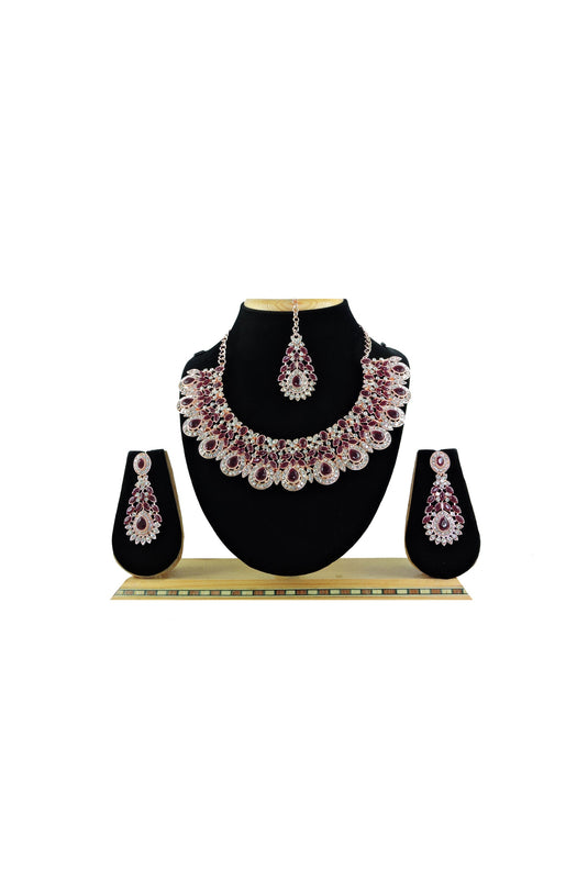 Maroon Color Charismatic Alloy Material Necklace with Earrings and Mang Tikka