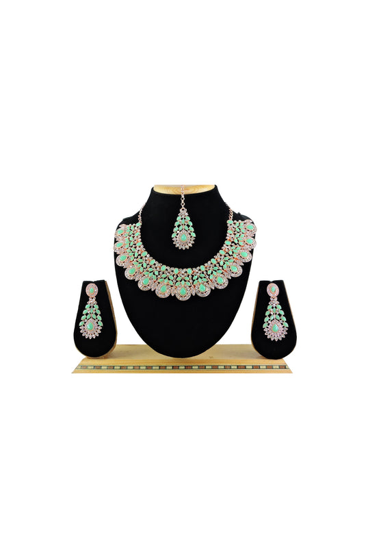 Ingenious Alloy Material Sea Green Color Necklace with Earrings and Mang Tikka