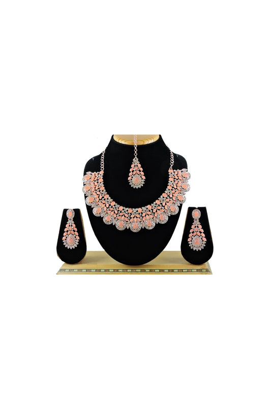 Fashionable Peach Color Alloy Material Necklace with Earrings and Mang Tikka