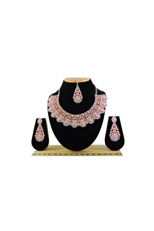 Glamorous Pink Color Alloy Material Necklace with Earrings and Mang Tikka