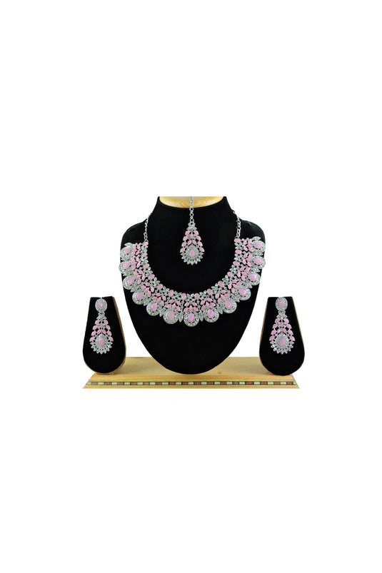 Pink Color Fascinating Alloy Material Necklace with Earrings and Mang Tikka