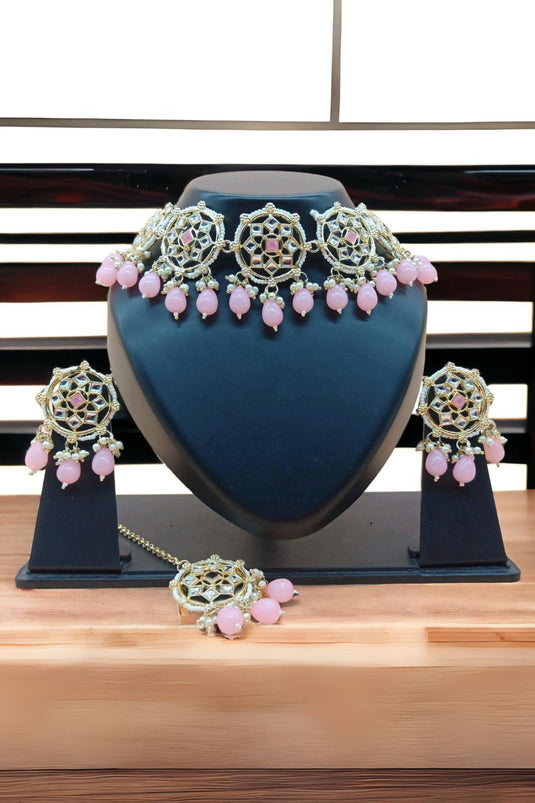 Elegant Alloy Material Pink Color Necklace With Earrings and Mang Tikka