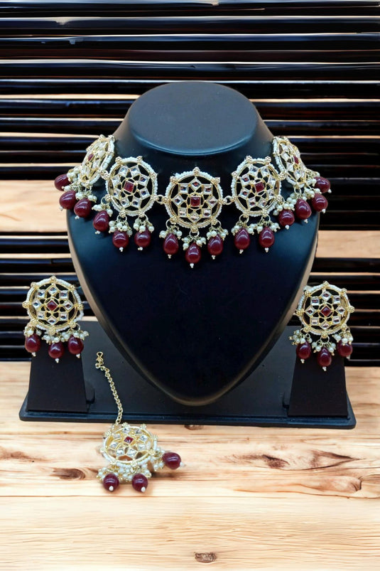 Stunning  Maroon Color Alloy Material Necklace With Earrings and Mang Tikka